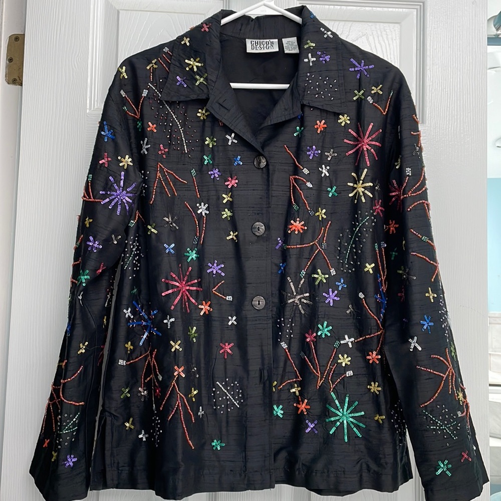 CHICO’S DESIGN 100% silk sequins Fireworks Celebrate vintage top womens Medium